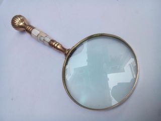 Antique Vintage Style Brass & Mother Of Pearl Magnifying Glass Magnifier 3