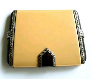 Vintage Art Deco Brown & Yellow Enameled & Jeweled Cigarettes Case Compact.