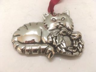 Vintage 90s Gorham Cat With Wreath Christmas Ornament Metal Silver Signed