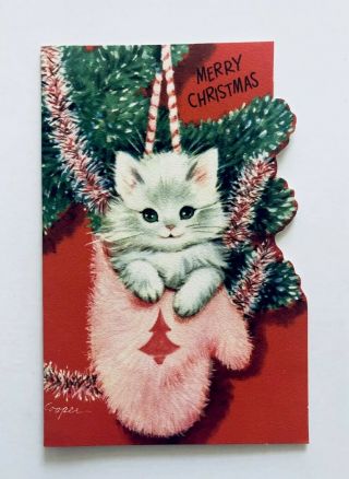 Vintage Rust Craft Christmas Card Marjorie Cooper Kitty Cat Pink Mitten Tinsel