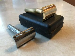 Vintage Gillette 3 - Piece Safety Razors - Gold Tech W/case - Fat Handles