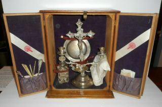Antique Sick Call Last Rites Exorcism Kit Wood Box Crucifix Silver Holy Water