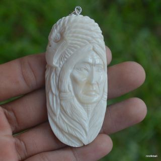 Eagle Indian Carved 70mm In Buffalo Bone Bali Carving Pendant W/ Silver Sp375