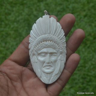 Indian Head Carved 75mm In Buffalo Bone Carving Pendant W/ Silver Dp100