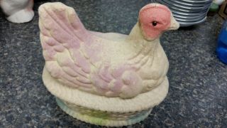 Antique Paper Mache Pulp Fiber Candy Container Easter Hen On Nest Copyright 1924