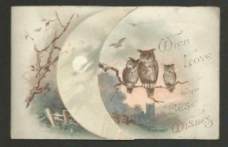 B02 - Owls And Moon - Folding Victorian Xmas Card