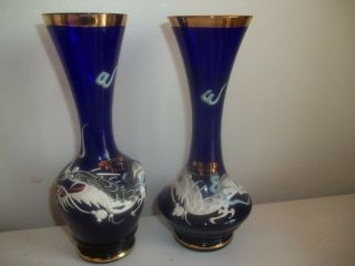 Vintage Pair Dragon ware Niagara Falls Souvenir Cobalt Blue Glass Vases Japan 2