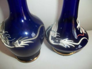 Vintage Pair Dragon ware Niagara Falls Souvenir Cobalt Blue Glass Vases Japan 3