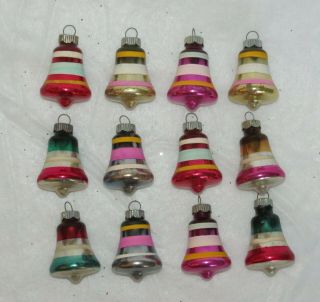 12 Vintage Shiny Brite Striped Bell Shaped Ornaments - 2 " Tall