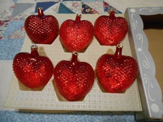 6 Vintage Blown Glass Red Hearts Christmas Ornaments Made In Columbia