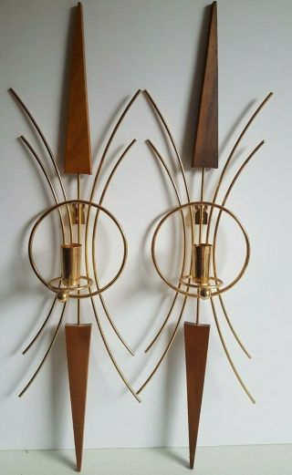 Mid Century Modern Wall Candle Holders Wood And Brass Vintage