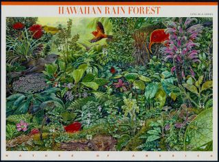 Sheet 10 Hawaiian Rain Forest Stamps: Rainforest,  Birds,  Finch,  Bellflowers