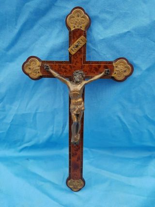Antique French,  Religious Cross Crucifix,  Marquetry,  Thuya Loupe,  Napoleon 3,  19th