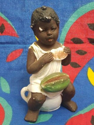 Black Americana Boy Eating Watermelon Figurine Sits Chamber Pot Ceramic Vintage
