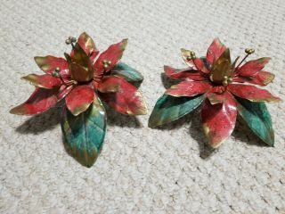 Italian Tole Poinsettia Candle Holder Holders Set - Metal Pair - Made In Italy