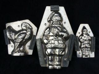 3 Antique Chocolate Candy Molds Santa Claus Turkey Christmas Thanksgiving Mold
