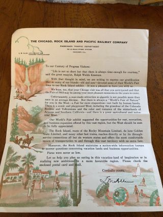 Vintage Chicago Rock Island & Pacific Railroad Thank You Letter 1933 Worlds Fair