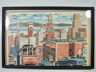 Framed Vintage San Francisco Art Print Retro Mid Century Cable Cars Bay Bridge