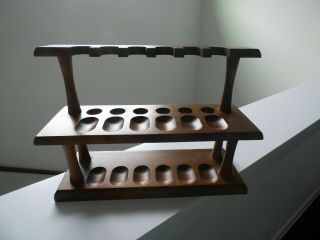 Vintage Walnut Wood Tobacco Pipe Rack Display Stand Holder For 12 - Mid Century