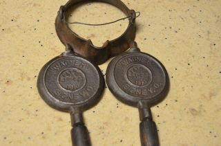 Cast Iron Miniature Waffle Iron & Stand - Wagner 1910 - Toy Or Sales Sample 3 Pc