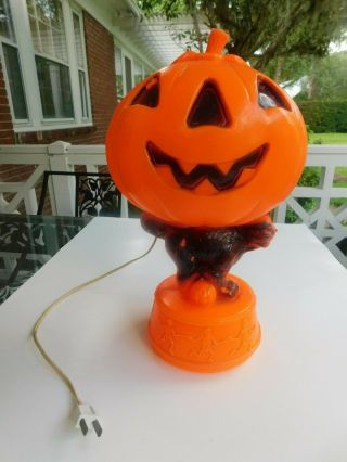 Vtg Halloween Blowmold Decoration Light - Up Black Cat Jack - O - Lantern Skeletons