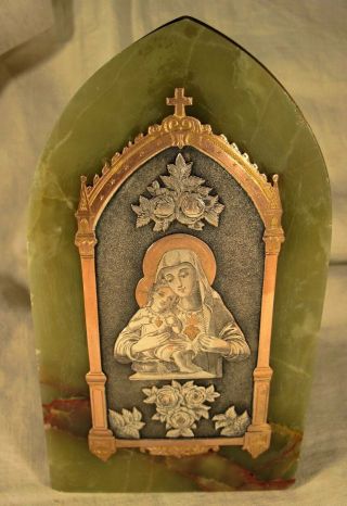 Antique Engraved Silver On Copper Plaque Of The Virgin & Child - Signed.