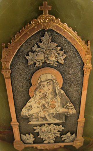 ANTIQUE ENGRAVED SILVER ON COPPER PLAQUE OF THE VIRGIN & CHILD - SIGNED. 2