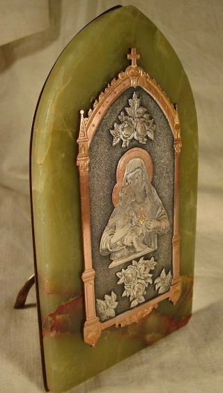 ANTIQUE ENGRAVED SILVER ON COPPER PLAQUE OF THE VIRGIN & CHILD - SIGNED. 4