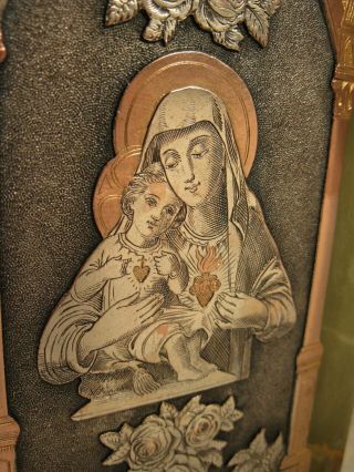 ANTIQUE ENGRAVED SILVER ON COPPER PLAQUE OF THE VIRGIN & CHILD - SIGNED. 5