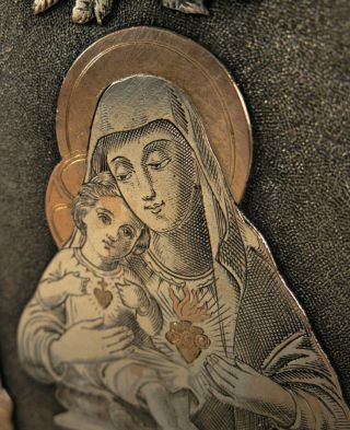 ANTIQUE ENGRAVED SILVER ON COPPER PLAQUE OF THE VIRGIN & CHILD - SIGNED. 6