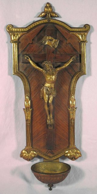 Old Ornate Bronze And Wood Crucifix & Holy Water Font.