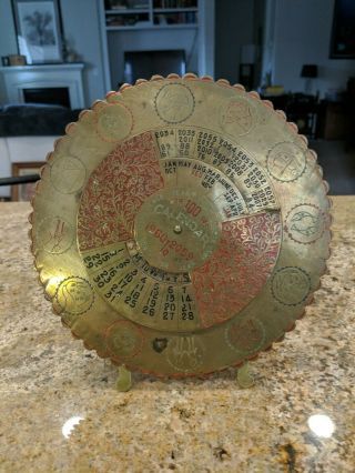 100 Year Calendar Brass Dial Month 1960 - 2059.  Zodiac Signs.  Vintage.  India