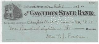 U.  S.  Cancelled Check; Cawthon State Bank,  Defuniak Springs,  Florida 1926