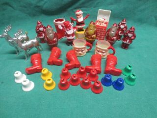 34 Vtg Hard Plastic Christmas Ornaments Santa Push Button Toy Boots Deer Bells,