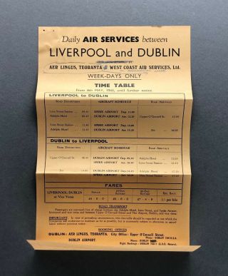 Aer Lingus Dublin - Liverpool Airlne Timetable May 1940 - War Time Ww2