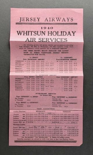 Jersey Airways Airlne Timetable Whitsun Holidays 1940 - War Time Ww2