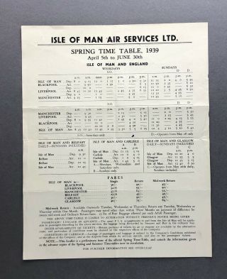 Isle Of Man Air Services Airlne Timetable Spring 1939