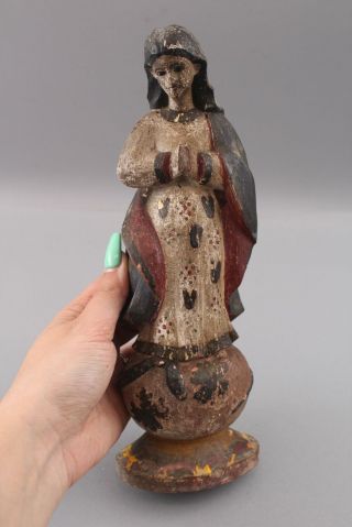 19thc Antique Western Spanish Colonial Folk Art Carved & Painted Madonna Santos