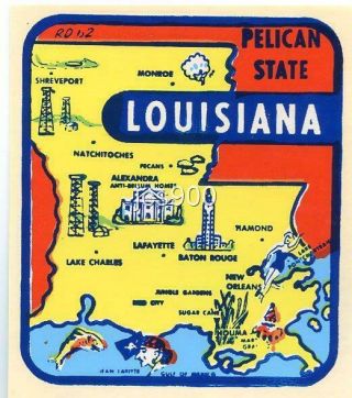 Vintage Louisiana State Map Souvenir Travel Decal Waterslide Pelican