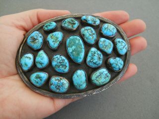Native American Indian Turquoise Cluster Sterling Silver Belt Buckle Signed At