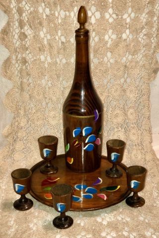Vintage Hand Painted 7 Piece Set Wood Decanter Tray Goblets Wooden 1970s Mexico