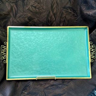 Vintage Moire Glaze Kyes Hand Made 17 1/4” Tray Green Enameled Metal Pasadena