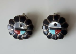 Vintage Sterling Silver Zuni Sun Face Clip On Earrings Turquoise Coral Mop Jet