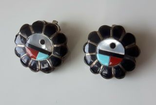 Vintage Sterling Silver Zuni Sun Face Clip On Earrings Turquoise Coral MOP Jet 2