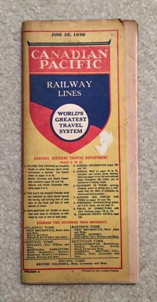 1930 Canadian Pacific Railway Lines Timetable - June 29,  1930