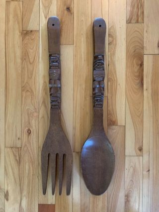 Vintage Enesco Wood Carved Tiki Fork & Spoon Wooden Wall Hanging Decor - 22.  5 "