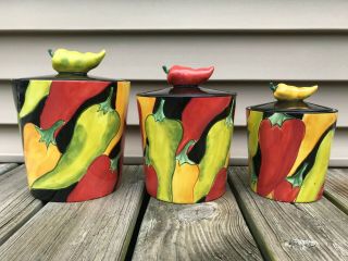 Clay Art Stonelite " Caliente " 6 - Piece Hand Painted Canister/lid Set W/ Peppers