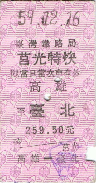 Railway Tickets Taiwan Railways Tra " Chu Khang " Express Example As Seen