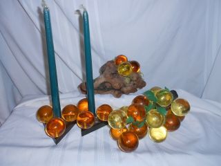 Vtg Mid Century Lucite Grape Cluster Driftwood 4 Pc Set Gold Amber Candlestick