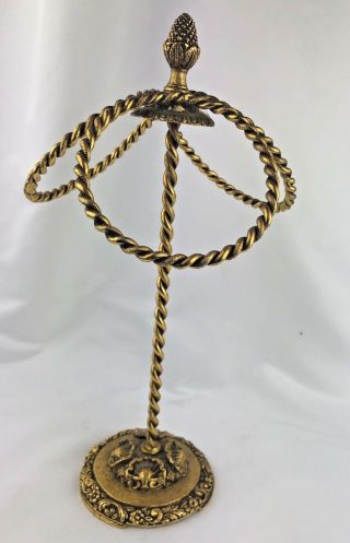 Hollywood Regency Brass Twisted Wire Hand Towel Holder 3 Rings Stand Vanity Vtg